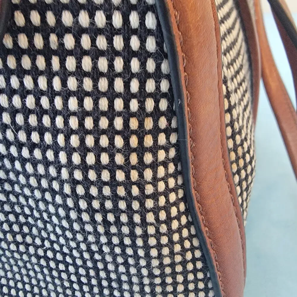 Fossil Kendall Satchel Bag Black White Fabric Brown Leather Trim Handbag